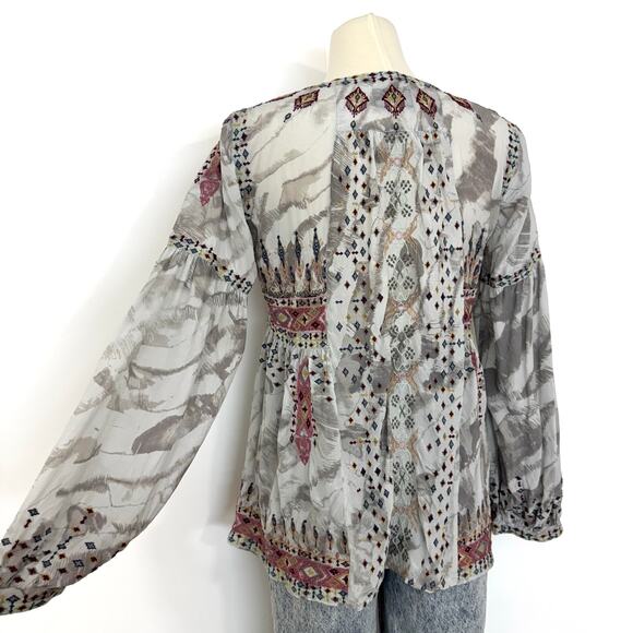 Johnny Was Deliza Silk Embroidered Long Sleeve Tunic Top Blouse Gray Boho XS - Picture 10 of 13